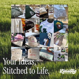 Puede incluir: Un collage de varias prendas bordadas, incluyendo sudaderas con capucha, bolsas de mano y camisetas. Los art&iacute;culos presentan dise&ntilde;os y textos &uacute;nicos, como "Anti Social Good Club", "Afternoon Toast" y "Two Pals". La frase "Your Ideas, Stitched to Life" tambi&eacute;n es visible.