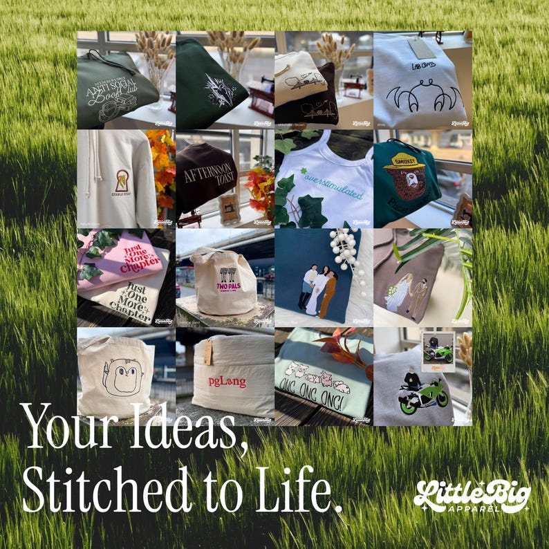 Puede incluir: Un collage de varias prendas bordadas, incluyendo sudaderas con capucha, bolsas de mano y camisetas. Los art&iacute;culos presentan dise&ntilde;os y textos &uacute;nicos, como "Anti Social Good Club", "Afternoon Toast" y "Two Pals". La frase "Your Ideas, Stitched to Life" tambi&eacute;n es visible.