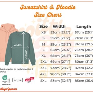 May include: Size chart for sweatshirts and hoodies with measurements in inches and centimeters. The chart shows sizes XS to 5XL with corresponding width and length measurements.