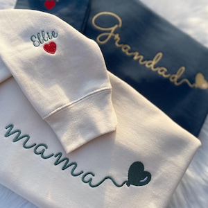 Custom Embroidered Mama Sweatshirt with Kids Name on Sleeve, Personalized Mom Sweatshirt, Valentines Day Mothers Day Gift for New Mom
