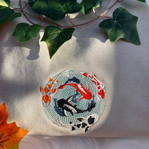 Koi Fish Japanese Embroidery Sweatshirt, Asian Carp Embroidered Hoodie, Autumn Fall Cottagecore China Nature Animal Shirt, Fishing Gift
