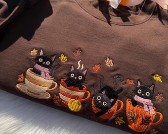 Black Cat Coffee Mug Embroidered Sweatshirt, Fall Autumn Leaves Hoodie, Cute Halloween Cat Sweater, Cozy Embroidery Top Gift