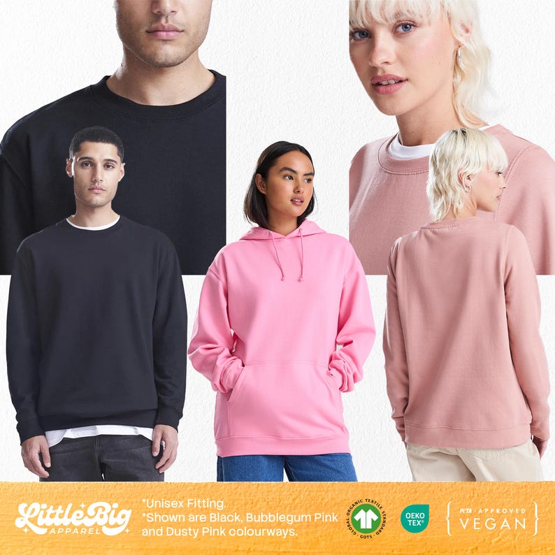 Puede incluir: Una colecci&oacute;n de sudaderas y una sudadera con capucha en negro, rosa chicle y rosa empolvado. La imagen muestra una sudadera negra, una sudadera azul marino, una sudadera con capucha rosa y una sudadera rosa. El texto dice "Unisex Fitting."