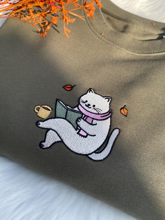 Organic Cat Bookish Reading Sweatshirt Embroidered Organic Sweatshirt Custom Cat Sweater Book Lovers Crewneck Fall Reading Club