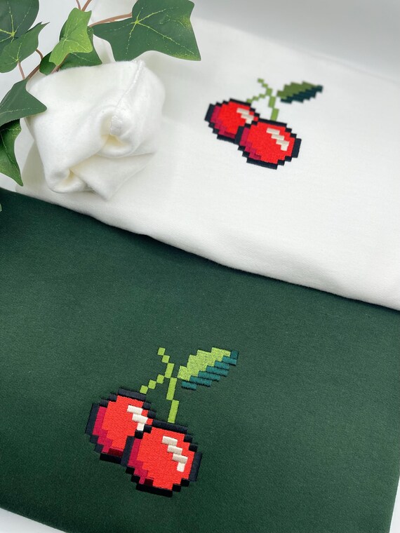 Embroidered Cherry Sweatshirt, Boho Fruit Crewneck, Kawaii Pixel Art Hoodie, Cute Fruit Graphic Jumper, Aesthetic Cherry Crewneck