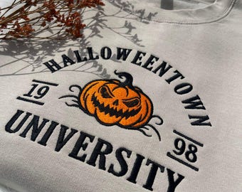Halloween Town Embroidery Fall Sweatshirt, Spooky Season Crewneck, Halloween University Jumper, Embroidered Halloween Vintage Sweater