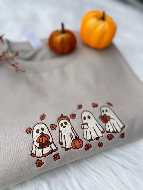 Embroidered Ghost Crewneck, Halloween Ghost Sweater, Spooky Fall Sweatshirt, Halloween Crewneck Embroidery, Autumn & Thanksgiving Gift
