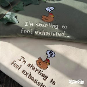 Puede incluir: Dos sudaderas, una verde oliva y otra crema, bordadas con un pollo pixelado y la frase "I'm starting to feel exhausted...". El pollo tiene una burbuja de pensamiento con "zz" dentro. La marca "Little Big Apparel" es visible.