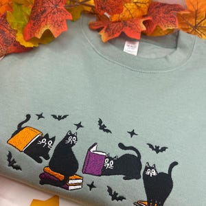 Halloween Black Cat Embroidery Sweatshirt, Book Fall Sweater, Halloween Cat Crewneck, Cute Autumn Spooky Season, Bat Tee Top,Book Lover Gift