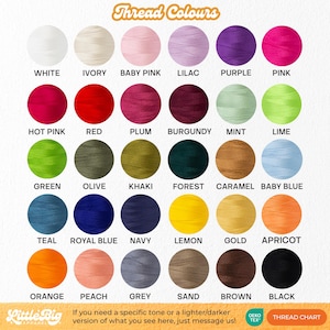 A comprehensive 30-color embroidery thread palette from Little Big Apparel showing swatches from White and Ivory to Olive, Khaki, and Black. Includes a note that custom lighter or darker tones are available upon request for bespoke orders.