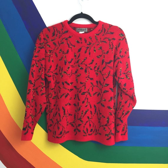 Neon Red Floral Sweater, Size S/M, Vintage 80's