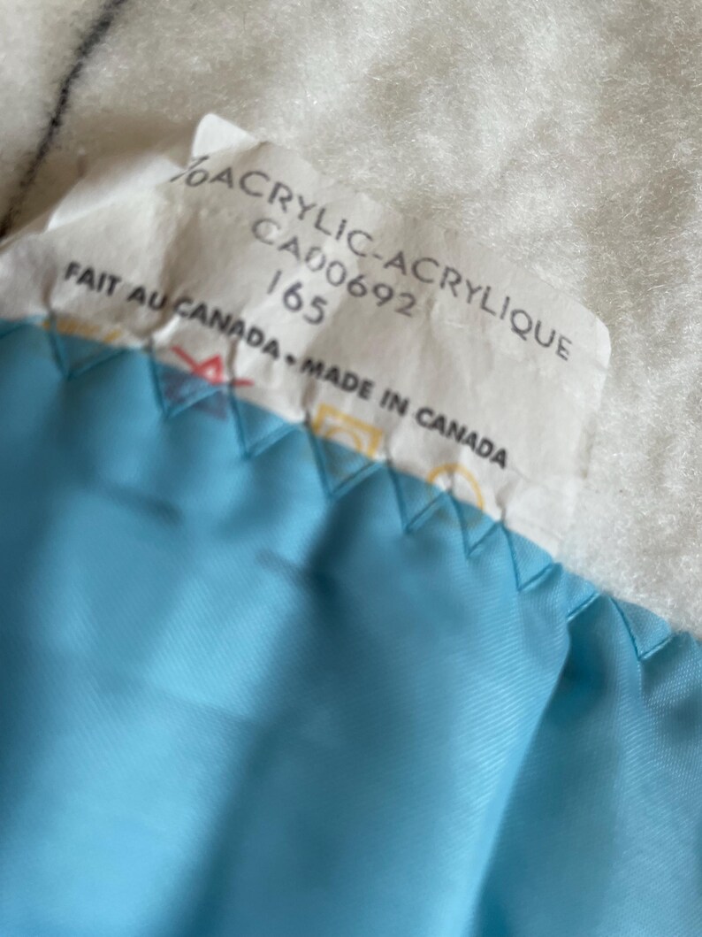 Op de afbeelding: Close-up van een label met de tekst "6% ACRYLIC-ACRYLIQUE CA00692 165 FAIT AU CANADA MADE IN CANADA" over een lichtblauwe stof met een gewatteerd patroon. De achtergrond is een witte, getextureerde ondergrond.