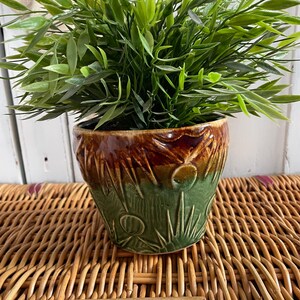May include: A green and brown ceramic planter with a textured design. The planter is filled with a green leafy plant and is sitting on a woven wicker surface.