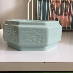 May include: A light blue hexagonal ceramic planter with a textured surface.