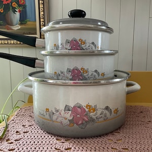 Peut inclure: Un ensemble de trois casseroles en émail blanc avec des motifs floraux et des poignées noires. Les casseroles sont empilées les unes sur les autres et ont un bord argenté. La plus grande casserole porte l'inscription "Viola" sur le côté.