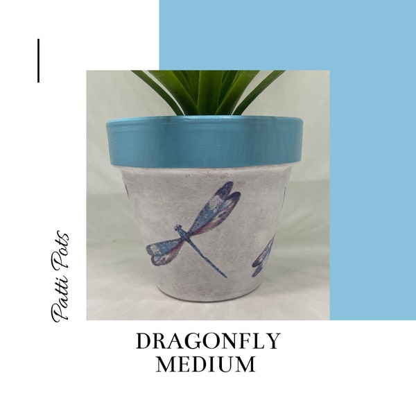 Dragonfly Hand Painted & Decoupage Terracotta Plant Pot