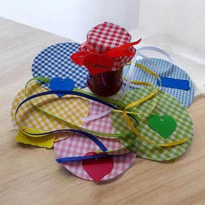 Op de afbeelding: Een klein glazen potje gevuld met rode jam, afgedekt met een rood-wit geruit deksel. Het potje is omgeven door kleurrijke, hartvormige labels en linten, wat wijst op een zelfgemaakt voedingsmiddel.