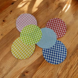 Può includere: Sei sottobicchieri rotondi in tessuto gingham rosa, verde, blu, rosso, giallo e blu. I sottobicchieri sono disposti in cerchio su una superficie di legno.