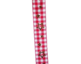 Checked ribbon with star motif, width 25 mm, sold by the metre