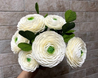 White Crepe Paper Ranunculus Paper Fake Bridal Flower For Her Unique paper Bouquet Bright Paper Flowers