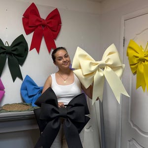 May include: A collection of large decorative bows in various solid colors including orange, red, dark green, magenta, blue, cream, yellow, and black. Each bow features wide, structured loops and long, pointed tails, designed for wall mounting.