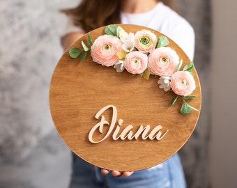 Name Sign for Kids Rooms Home Decor Custom Wooden Name Signs Nursery Wall Art Rustic Decor Crepe Paper Flower