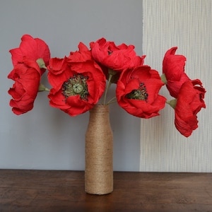 4 papaveri di carta crespa rossa, fiore di nozze artificiale rosso, 1° anniversario, bouquet di nozze di papavero finto, fiore di fattoria, regalo per