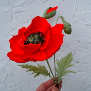Papavero di carta crespa rossa, fiore di carta brillante, fiore unico, 1° anniversario, bouquet di papaveri finti, fiori da fattoria, inaugurazione della casa, regalo per la mamma