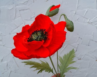 Red Crepe Paper Poppy, Bright Paper Flower, Unique Flower, 1st Anniversary, Fake Poppy Bouquet, Farmhouse Flower, Housewarming, Gift For Mom