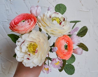 Crepe Paper Flowers, Pink Paper Ranunculus, Small paper peonies, Ukrainian artist, Large Paper Flower, Bouquet For Her