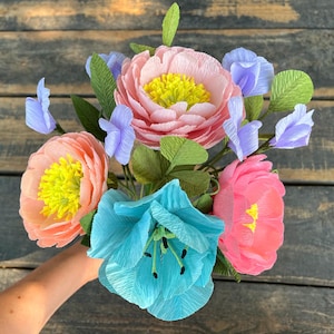 Heldere papieren bloemen, crêpepapier bloemenboeket, cadeau beste vriend, housewarmingcadeau, papier jubileumcadeau, heldere kunstbloemen