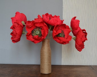 4 Red  Crepe Paper Poppies, Red Artifical Wedding Flower, 1st Anniversary, Fake Poppy Wedding Bouquet, Farmhouse Flower, Gift For