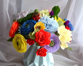 Bright Crepe Paper Bouquet Ranunculus Paper Peony Fake Bridal Flower For Her Rainbow Bouquet Bouquet Bright Paper Flowers Bright Wildflowers