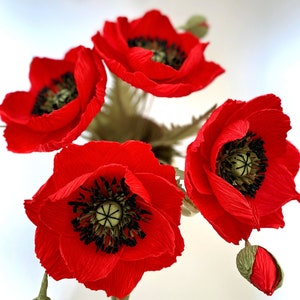 1 papavero di carta crespa rossa, fiore di carta brillante, fiore unico, 1° anniversario, bouquet di papaveri finti, fiore da fattoria, regalo per la mamma