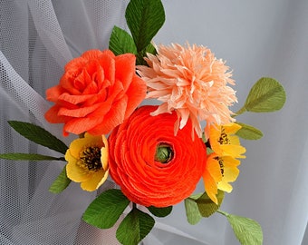 Birthday Flowers Gifts Orange Crepe Paper Flower Arrangement Artificial Bright Flowers Crepe Paper Bouquet Birthday Gift Anniversary Gift