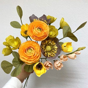 Crepe Paper Flowers, Orange Paper Ranunculus, Large Paper Flower, Bouquet For Her, Artificial Flower Arrangement For Vase, Paper Anniversary