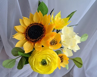 Yellow Small Paper Flowers Bouquet, Crepe Paper Sunflower Ranunculus Hydrangea Daffodil Eucalyptus, Birthday gift, Paper Anniversary Gift