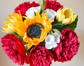 Crepe Paper Flowers Peony Sunflower Bouquet Artificial Beautiful Flowers Paper Anniversary or Mother's Day Gift