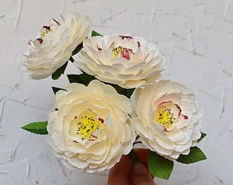 Small White Paper Peonies, Peonies paper flower bouquet, Paper Peonies Anniversary, Fake Flower Bouquet, Crepe Paper Flower, Fake Flowers