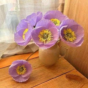 Set di 6 papaveri di carta viola, papavero della California, regalo di anniversario, centrotavola per feste, fiori di carta crespa, fiori di compleanno