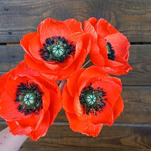 Orange Paper Poppy, 4 Orange Paper Poppies, Orange Artifical Wedding Flower, 1st Anniversary, Fake Poppy Bouquet, Farmhouse Flower, Gift For