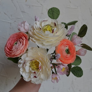 Crepe Paper Flowers, Pink Paper Ranunculus, Small paper peonies, Fake Bridal Flowers, Large Paper Flower, Luxury Flower Gift,Bouquet For Her