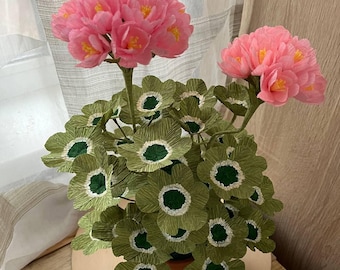 Escultura de gerânio de papel rosa, decoração floral pintada à mão, presente para jardineiros.