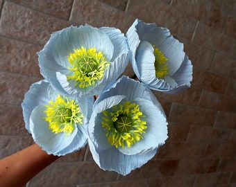 Conjunto de amapolas de papel azul, ramo de flores de papel, aniversario de papel, centro de mesa de boda, flores de cumpleaños, ramo artificial, ramo de novia