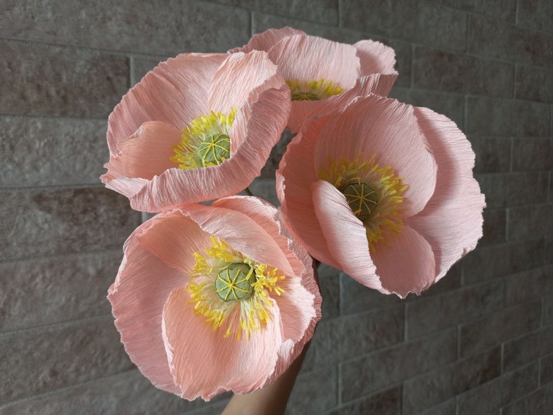 Pink Paper poppies set, Paper flower bouquet, Paper anniversary, Wedding table centerpiece, Birthday flowers, Fake bouquet, Bridal bouquet image 1