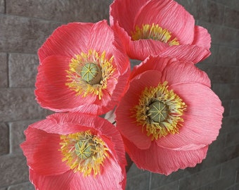 Ensemble de coquelicots en papier corail, bouquet de fleurs en papier, anniversaire en papier, centre de table de mariage, fleurs d'anniversaire, faux bouquet, bouquet de mariée