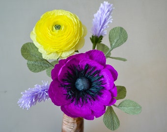 Small Crepe Paper Festive Bouquet Yellow Ranunculus Fake Purple Flower For Her Unique paper Bouquet Compliment