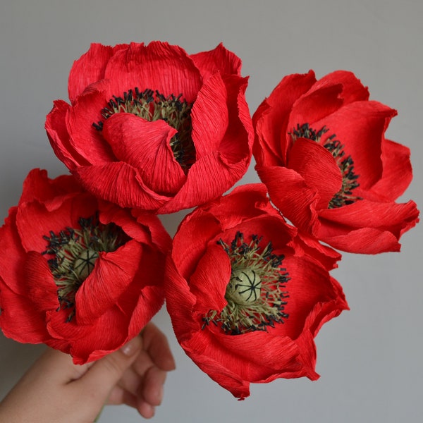 Coquelicot en papier rouge, 4 coquelicots en papier rouge, fleur de mariage artificielle rouge, 1er anniversaire, faux bouquet de coquelicots, fleur de la ferme, cadeau pour