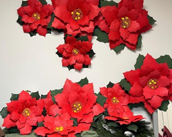 Red Poinsettia Big Artificial Flowers, Flower Shop Decor, Christmas Wall Art, Christmas Street Decor, Winter Cafe Decor, Big Flowers Decor