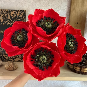 Papavero di carta rosso, 4 papaveri di carta rossi, fiore artificiale rosso per matrimonio, 1° anniversario, bouquet di papaveri finti, fiori da fattoria, regalo per